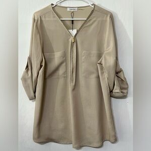 Calvin Klein Zipper V Neck Blouse Top Roll Tab Sleeves Modern Essentials Latte